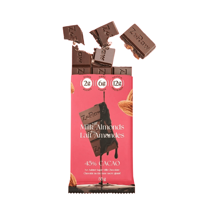 Box of 12 45% milk chocolate bars with almonds, no added sugar, 12g protein, keto and gluten-free