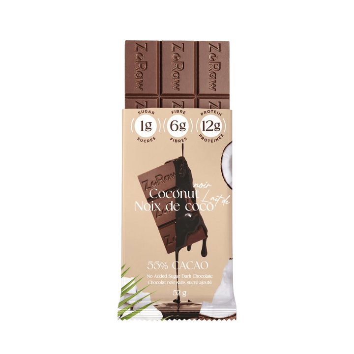 Box of 12 55% dark chocolate coconut protein bars with shredded coconut and low net carbs