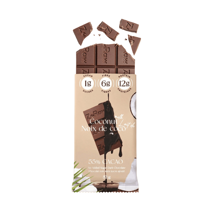 Box of 12 55% dark chocolate coconut protein bars with shredded coconut and zero added sugar