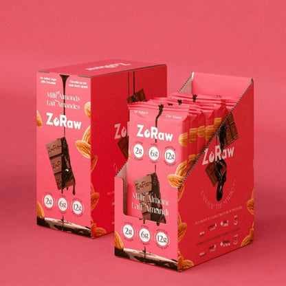 Box of 12 45% milk chocolate bars with almonds, no added sugar, 12g protein, keto-friendly and gluten-free snack