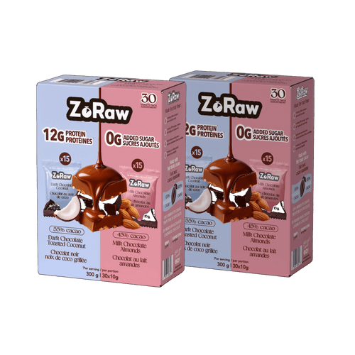 ZoRaw Protein Chocolate Bites, 60 individually wrapped bites in dark coconut and milk almond