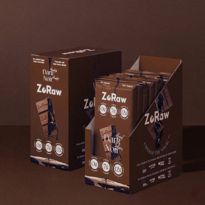 Box of 12 60% dark chocolate bars with no added sugar and 12g protein, keto and gluten-free snack
