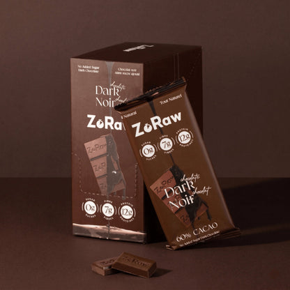 Box of 12 60% dark chocolate bars with no added sugar and 12g plant-based protein each