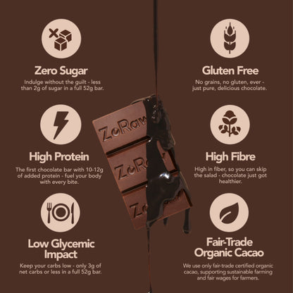 Box of 12 60% dark chocolate bars with no added sugar and 12g plant-based protein, keto and gluten-free snack