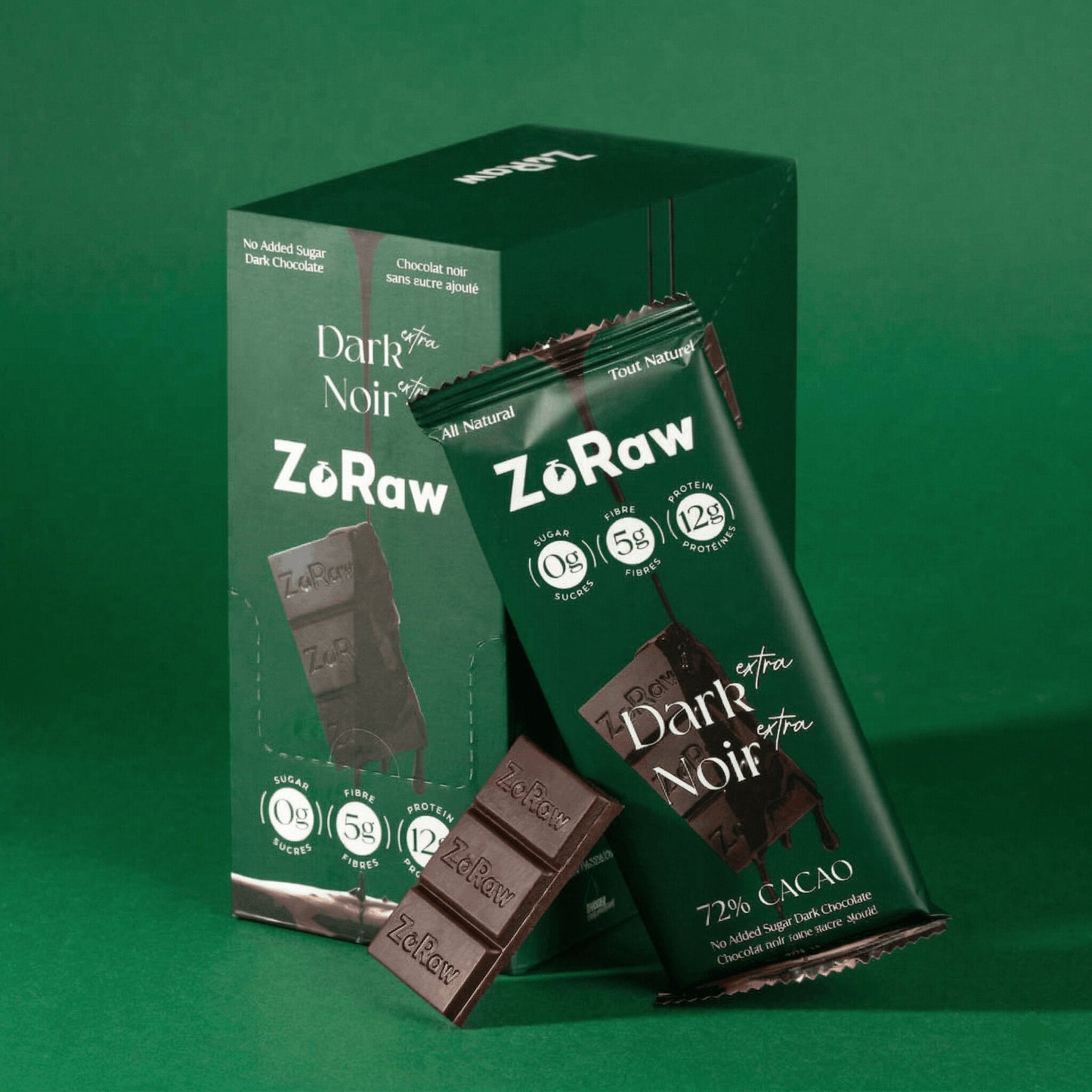 ZoRaw 72% Extra Dark Chocolate Protein Bar made in Canada with fair-trade organic cacao