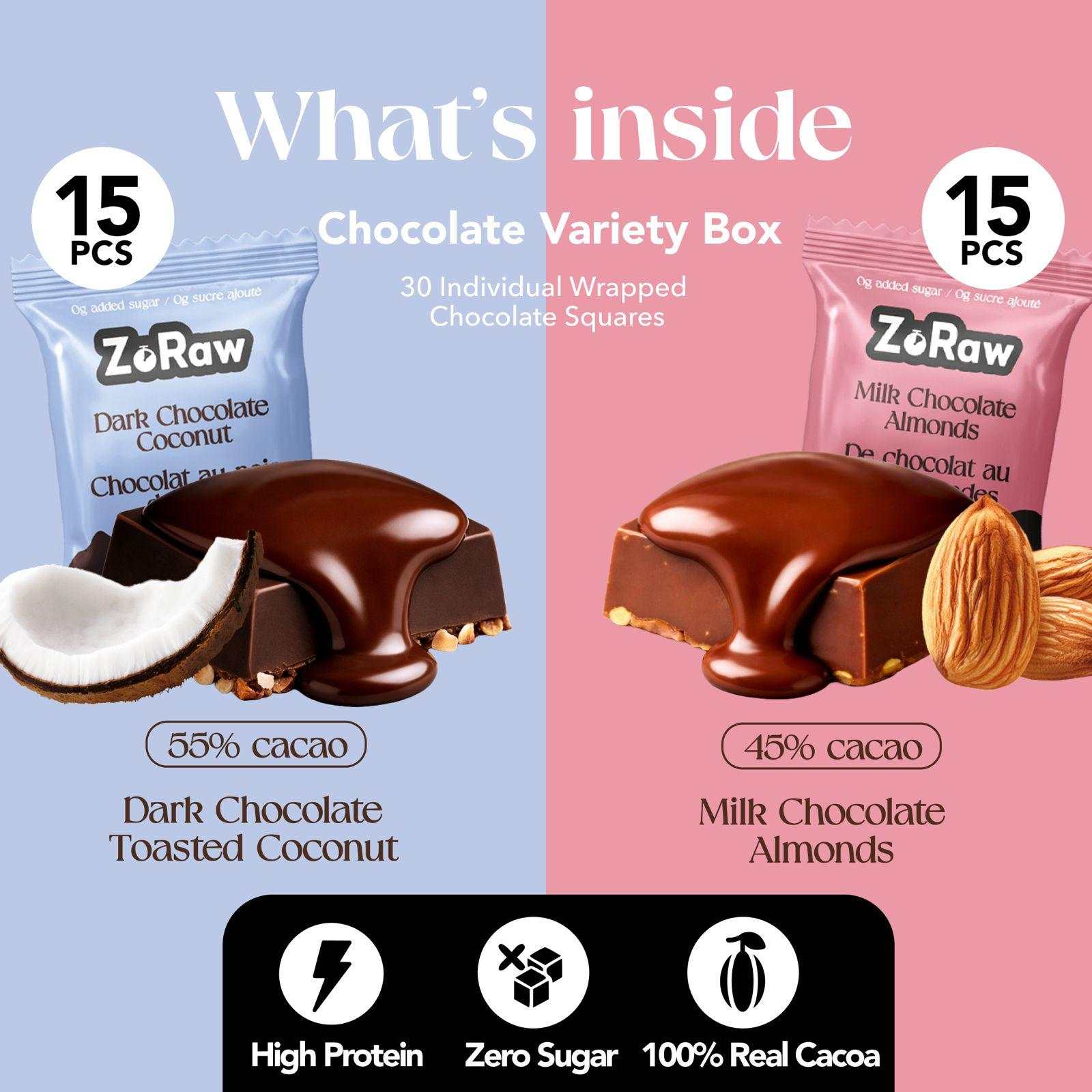 Bites Variety Box with 30 Dark Coconut and 30 Milk Almond protein chocolate bites in individual wrappers