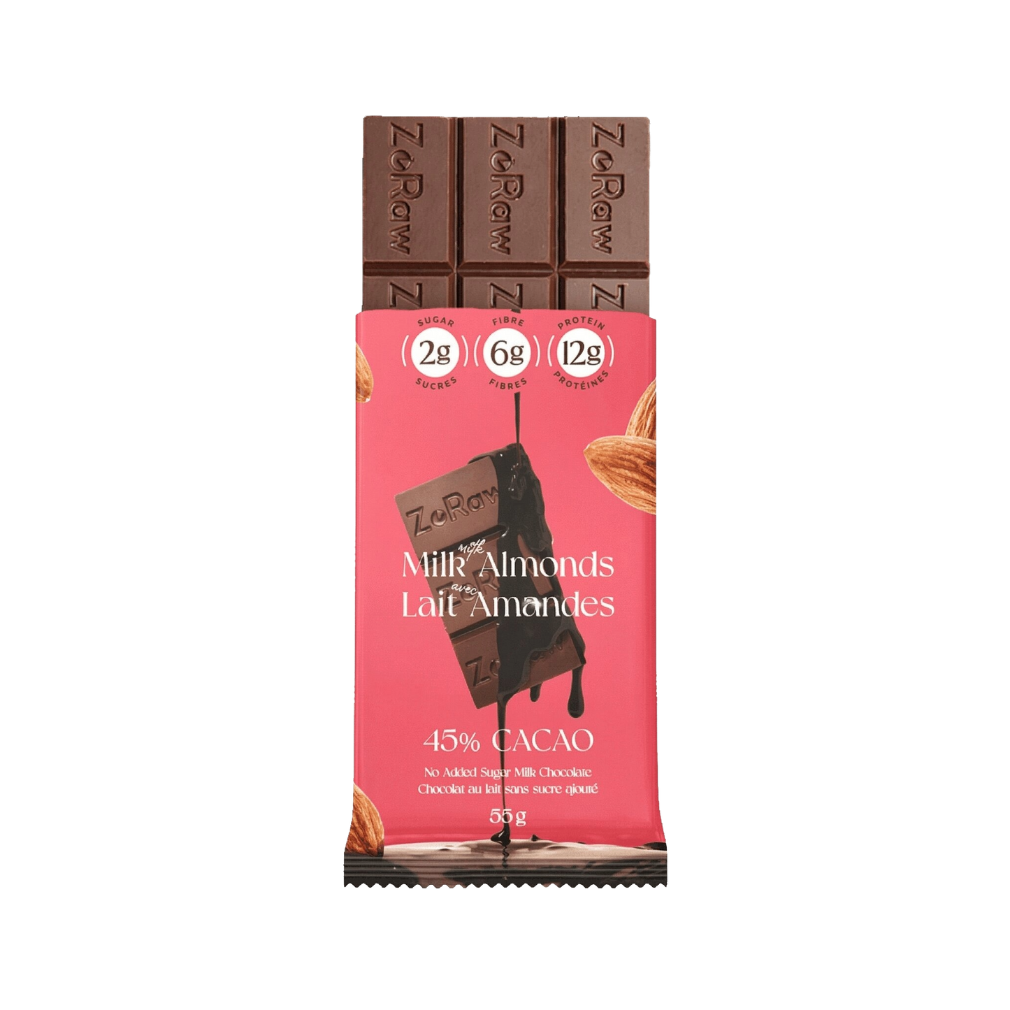 Box of 12 45% milk chocolate bars with almonds, no added sugar, 12g protein, keto-friendly snack