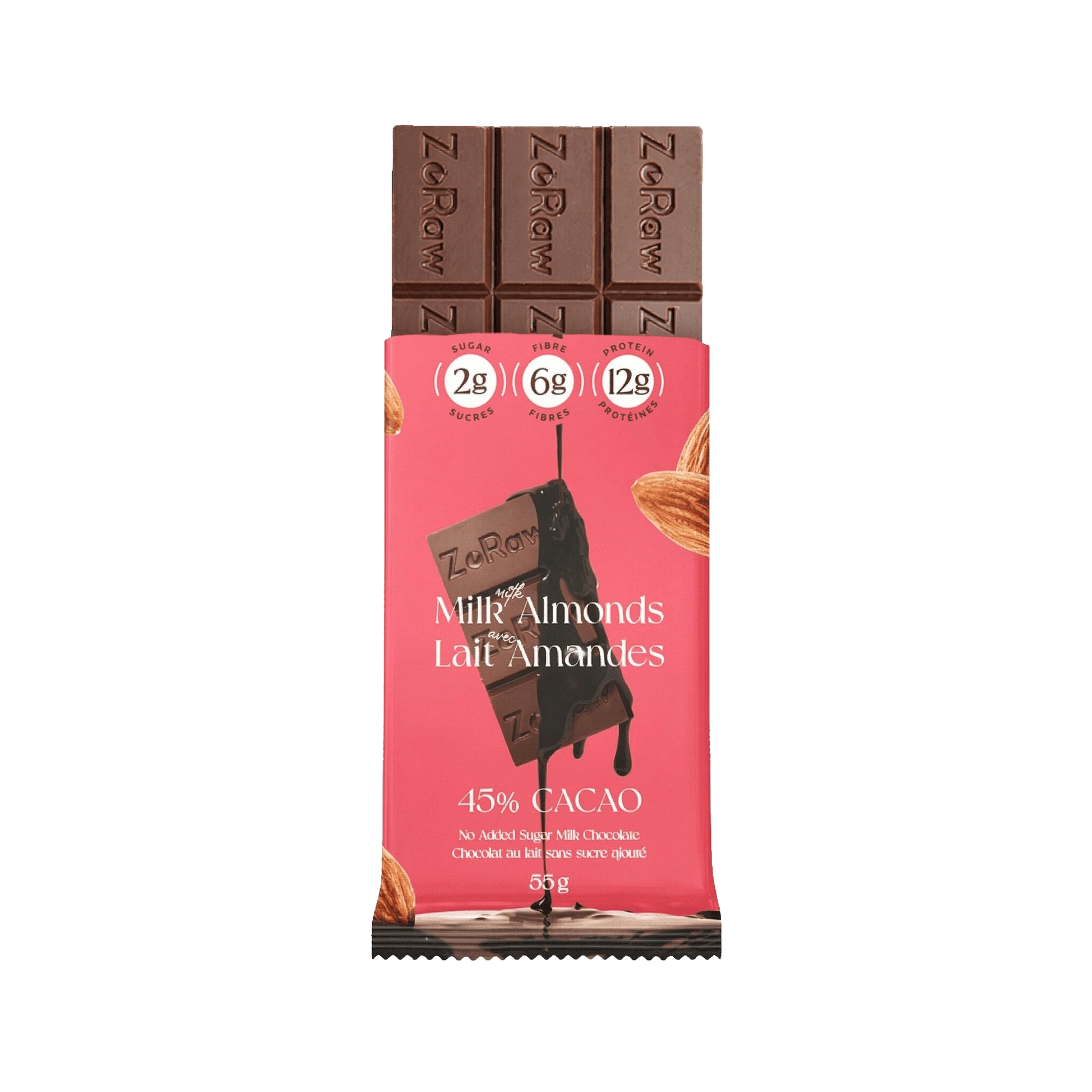 Box of 12 45% milk chocolate bars with almonds, no added sugar, 12g protein, keto-friendly snack