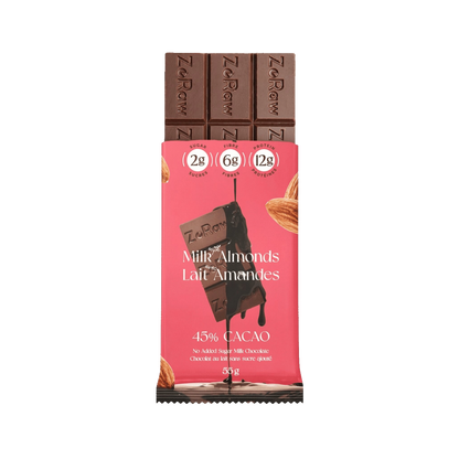Box of 12 45% milk chocolate bars with almonds, no added sugar, 12g protein, keto-friendly snack