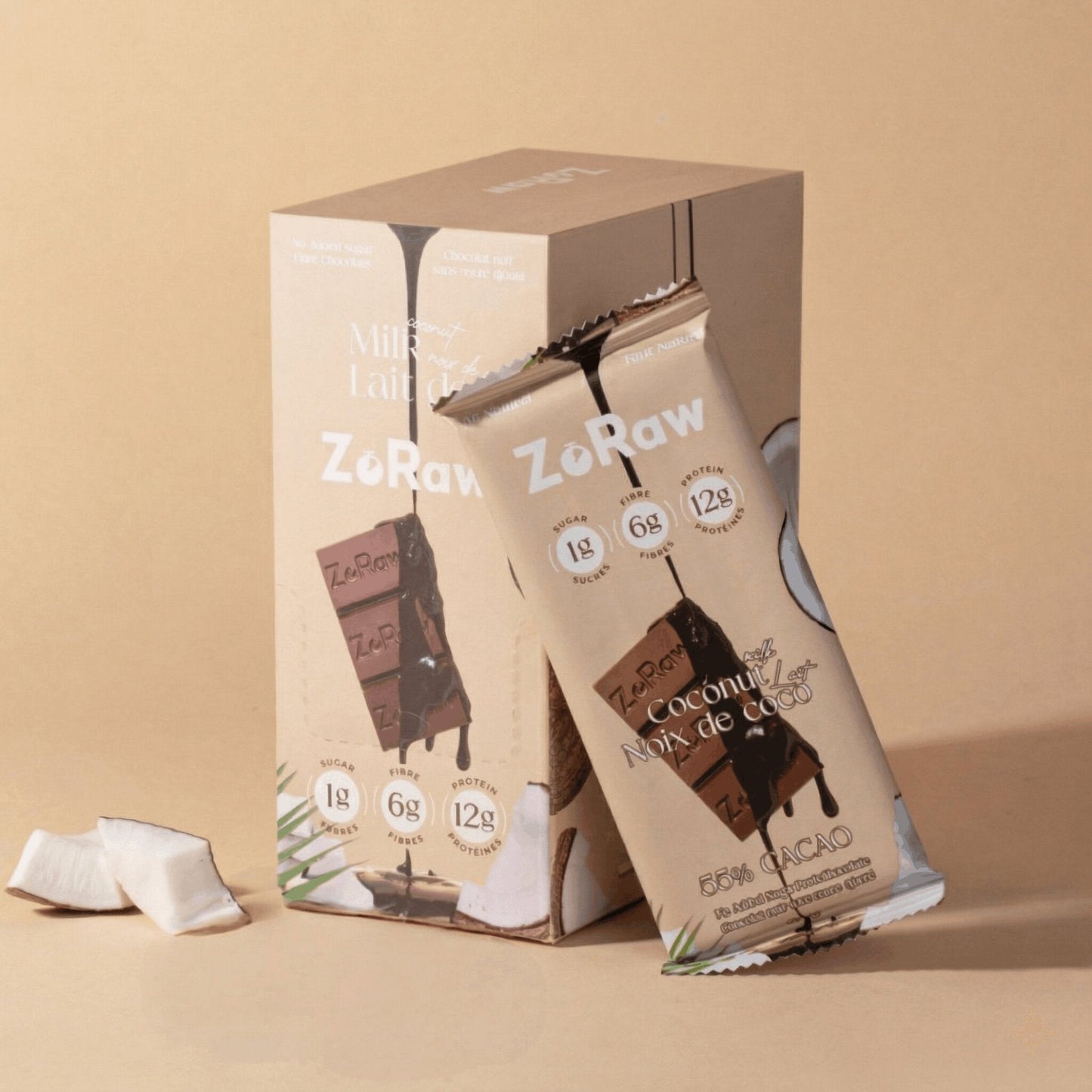 Box of 12 55% dark chocolate coconut protein bars with shredded coconut and no added sugar