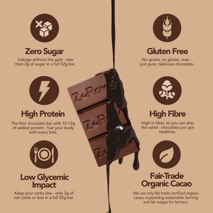 Box of 12 55% dark chocolate coconut protein bars with shredded coconut, gluten-free and low-sugar snack
