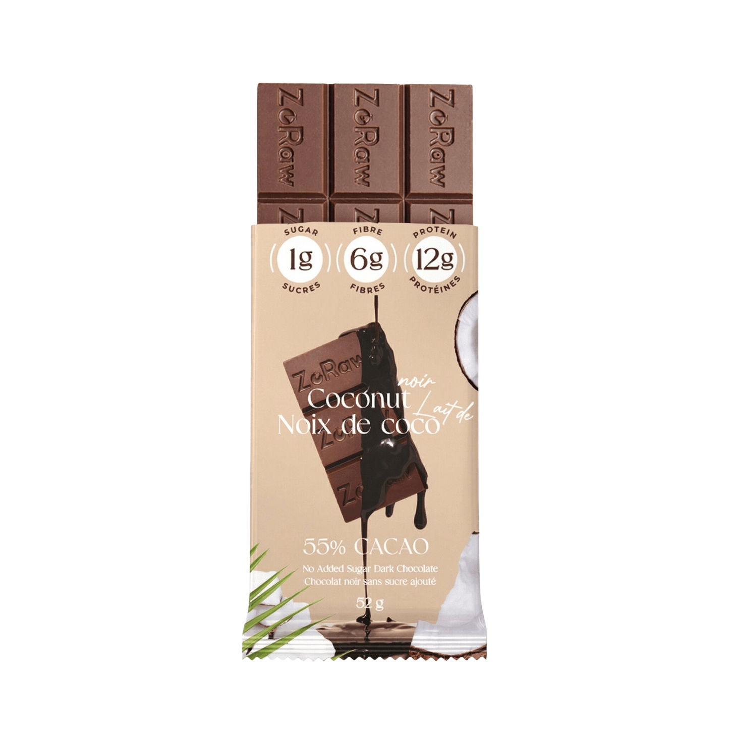 Box of 12 55% dark chocolate coconut protein bars with shredded coconut and low net carbs