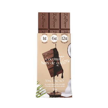 Box of 12 55% dark chocolate coconut protein bars with shredded coconut and low net carbs