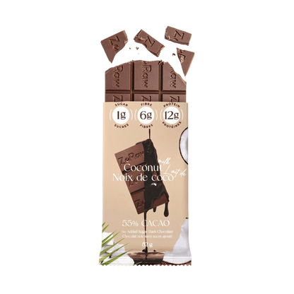 Box of 12 55% dark chocolate coconut protein bars with shredded coconut and zero added sugar