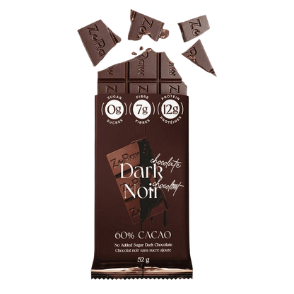 Box of 12 60% dark chocolate bars with 12g protein and no added sugar, keto and gluten-free snack